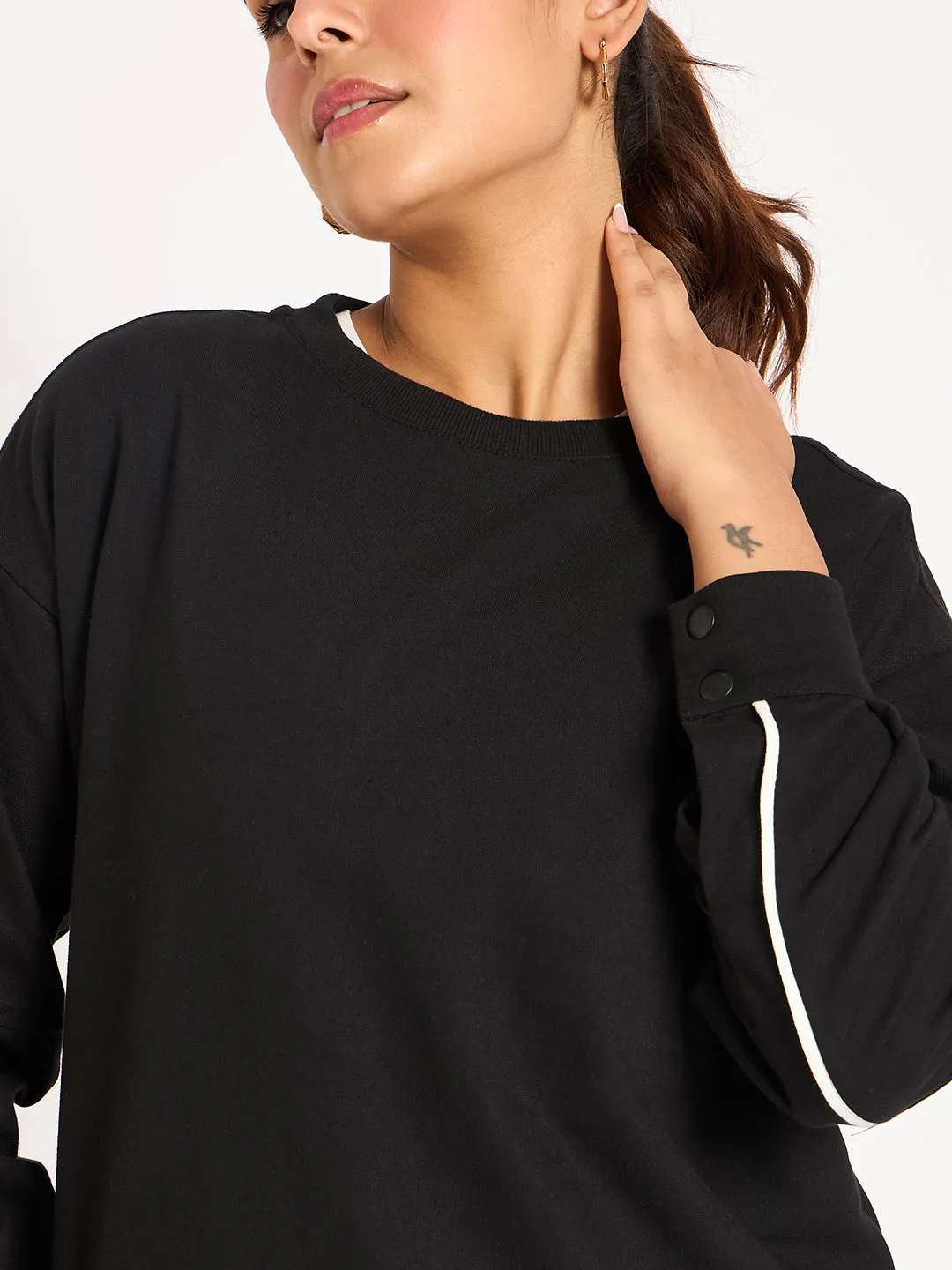 Black Piping Detail Terry Sweatshirt