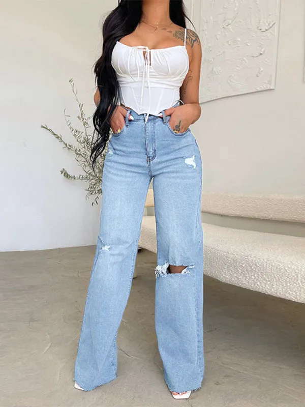 Blue Zone Planet |  long high waist ripped raw edge comfortable wide leg jeans