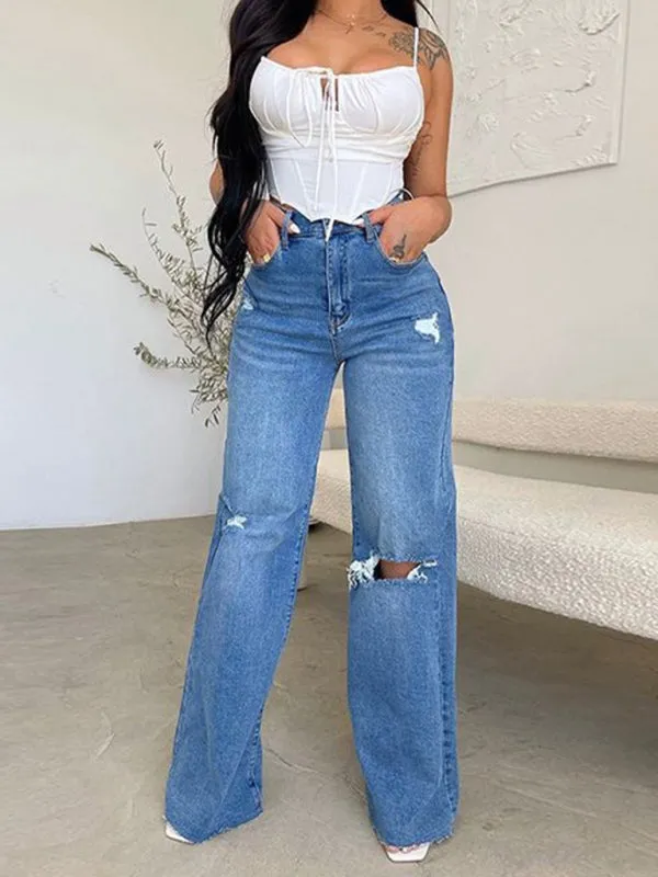 Blue Zone Planet |  long high waist ripped raw edge comfortable wide leg jeans
