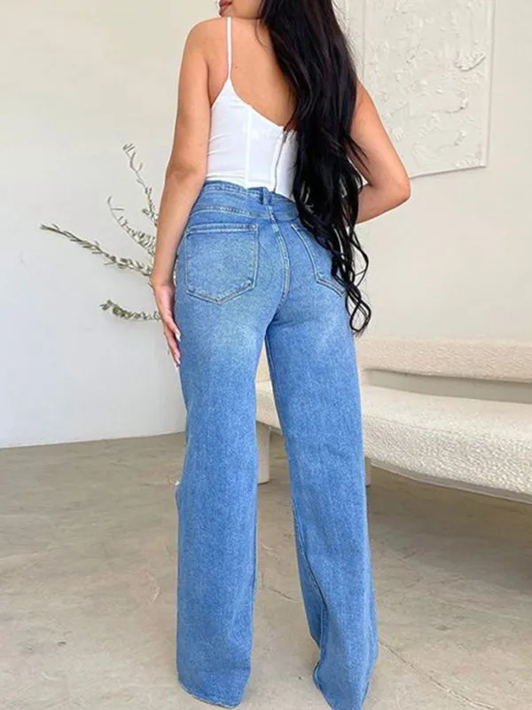 Blue Zone Planet |  long high waist ripped raw edge comfortable wide leg jeans