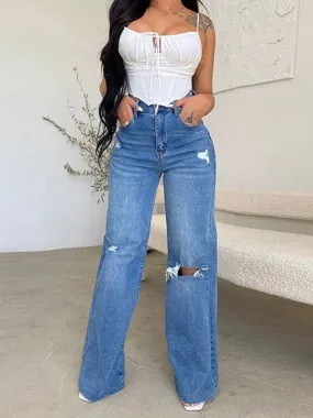 Blue Zone Planet |  long high waist ripped raw edge comfortable wide leg jeans