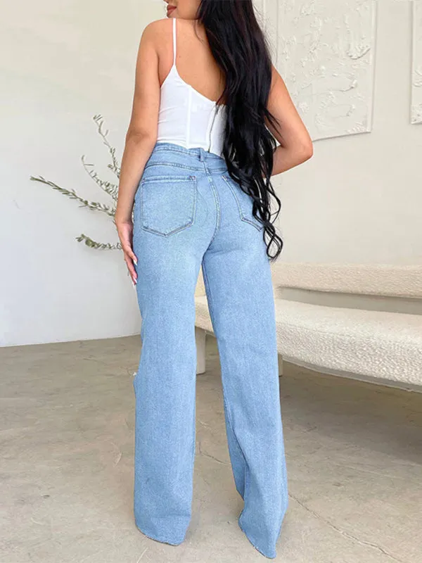 Blue Zone Planet |  long high waist ripped raw edge comfortable wide leg jeans