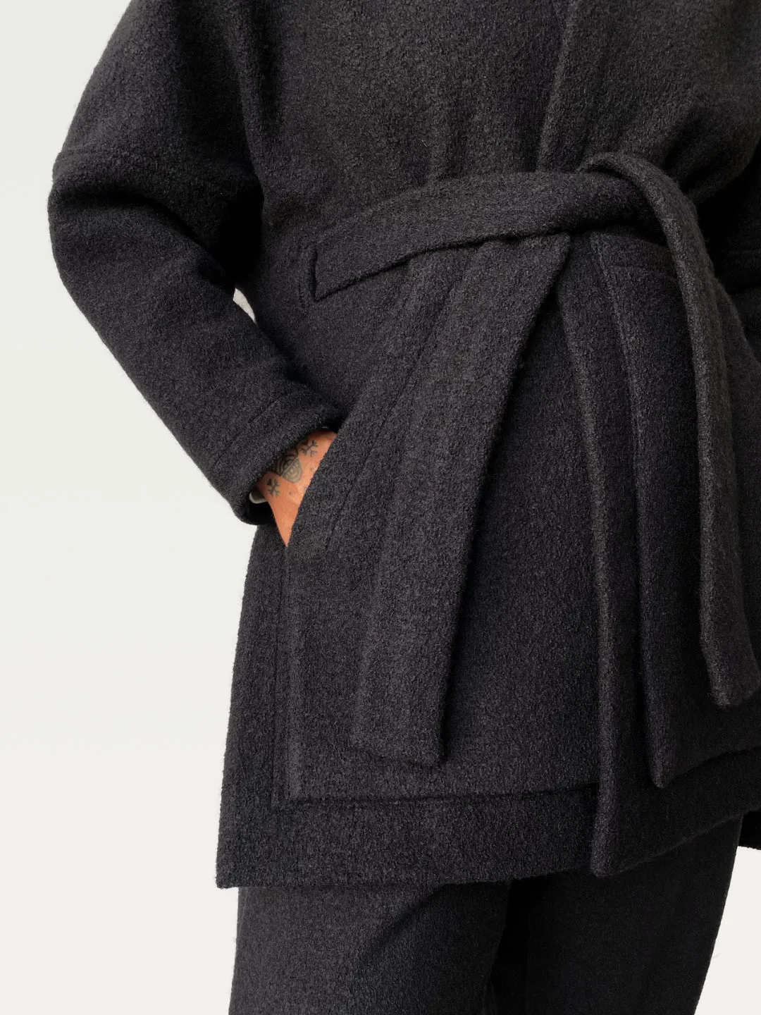 Boiled Wool A.D.C (All-day-cozy) Wrap Coat in Khol Black