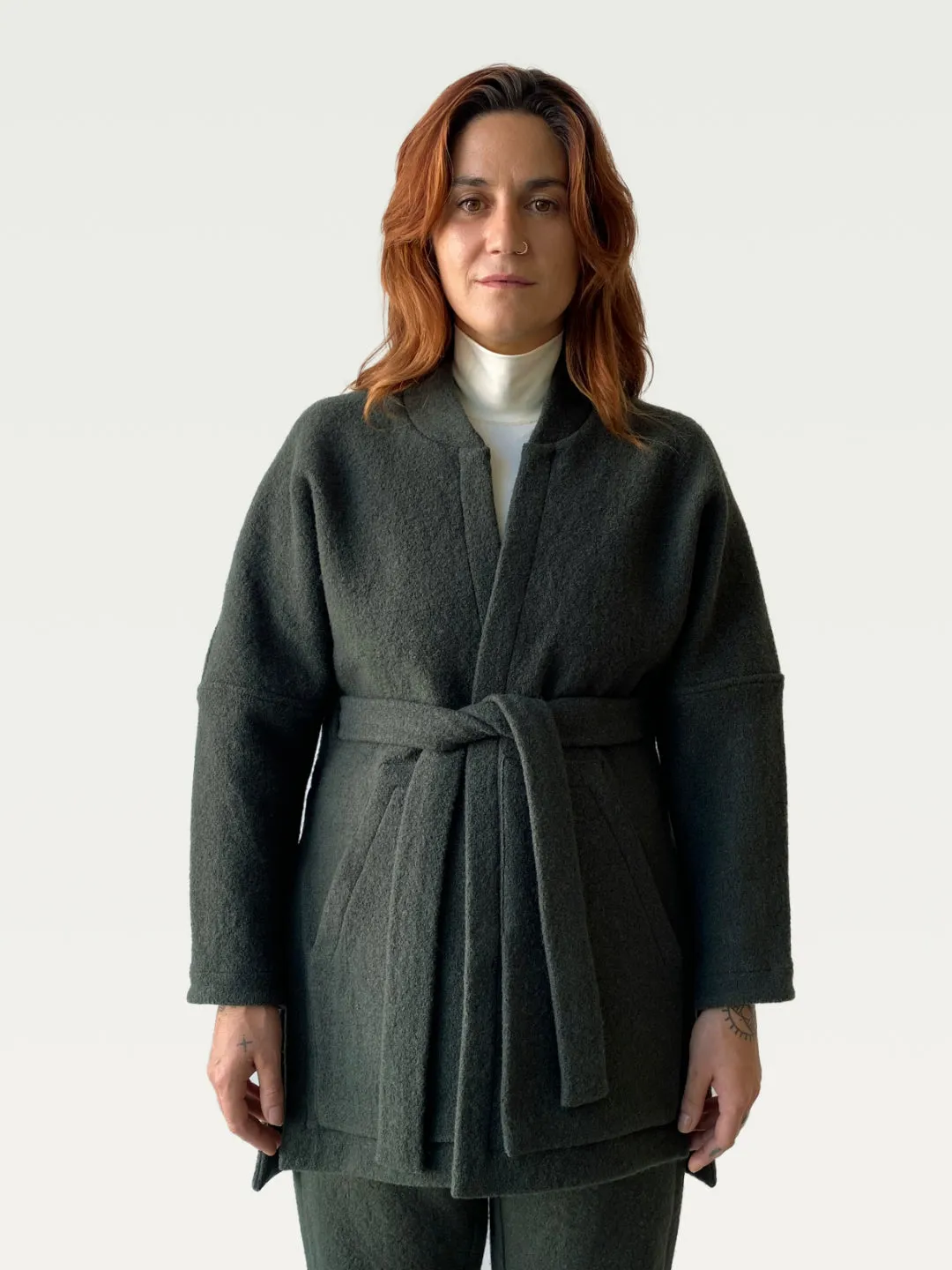 Boiled Wool A.D.C (All-day-cozy) Wrap Coat in Moss Green