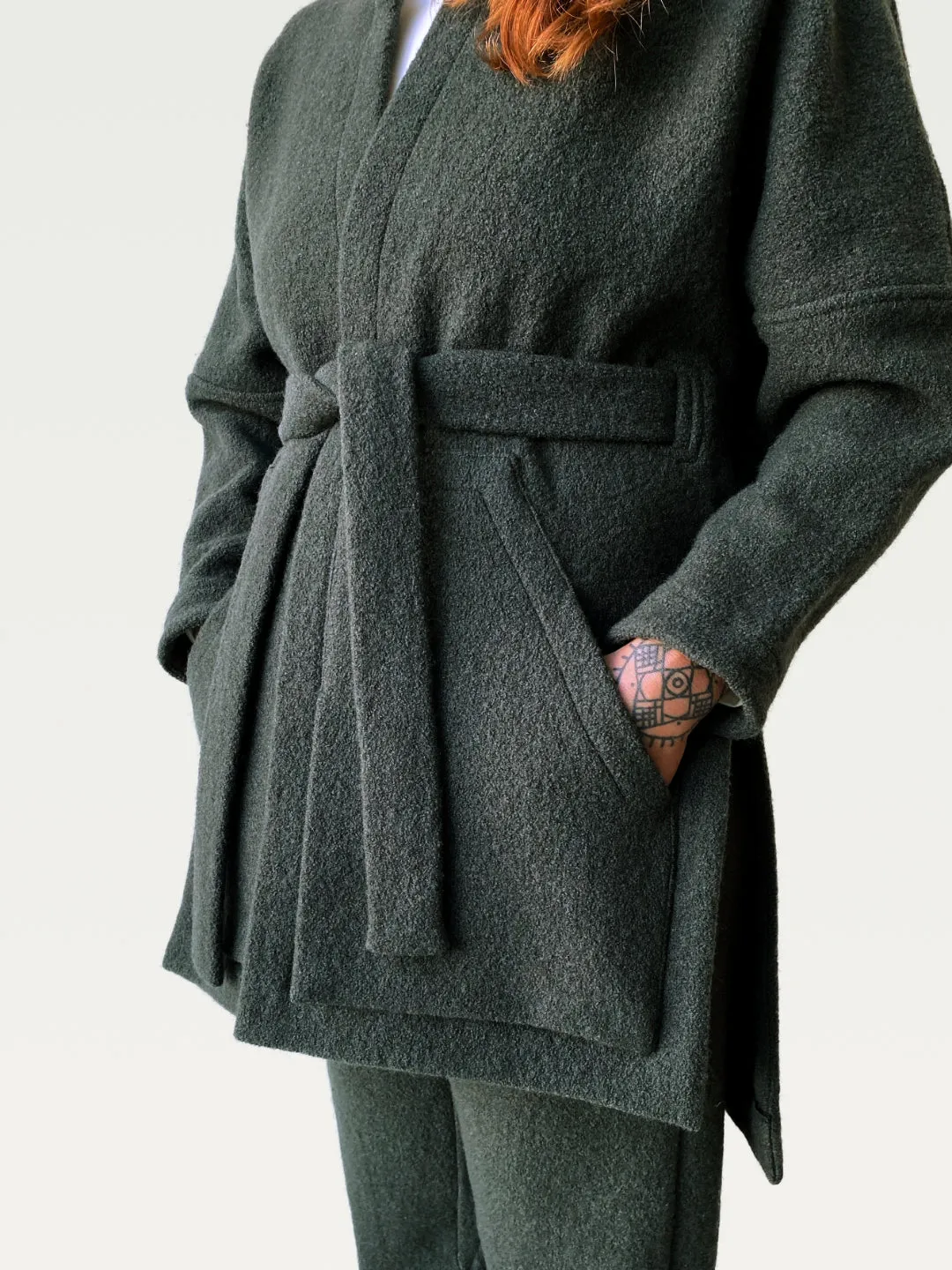 Boiled Wool A.D.C (All-day-cozy) Wrap Coat in Moss Green