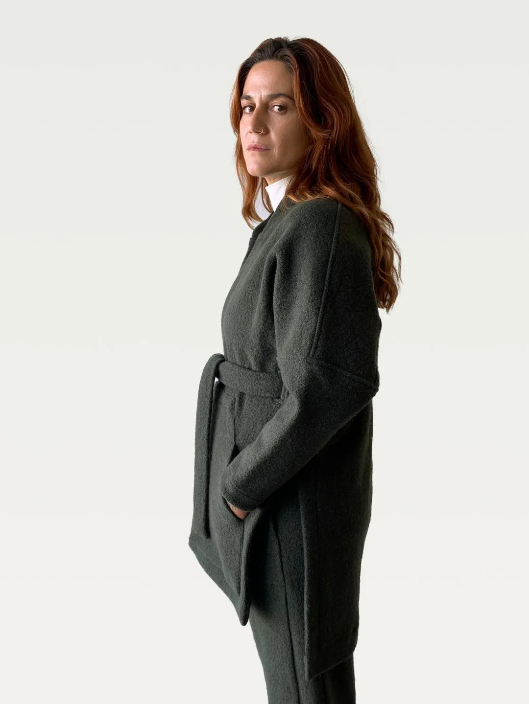 Boiled Wool A.D.C (All-day-cozy) Wrap Coat in Moss Green