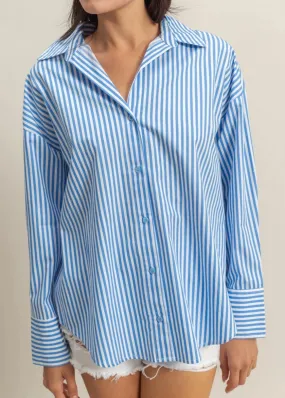 Breezy 100% Cotton Striped Button-Up Shirt (Blue/White)