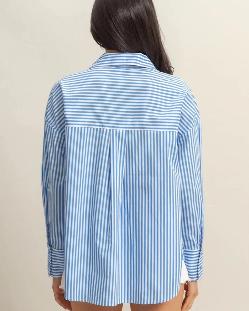 Breezy 100% Cotton Striped Button-Up Shirt (Blue/White)