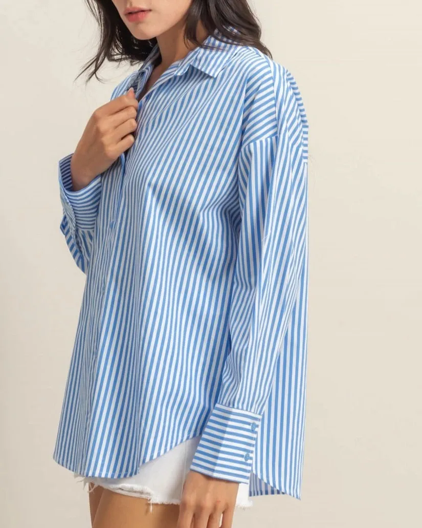 Breezy 100% Cotton Striped Button-Up Shirt (Blue/White)