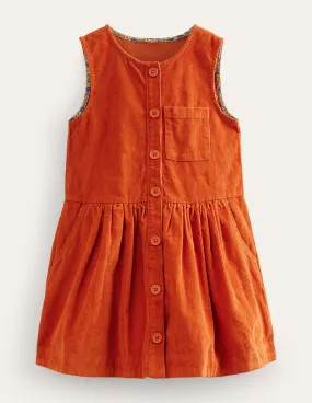 Button Pinafore Dress-Conker Orange Cord