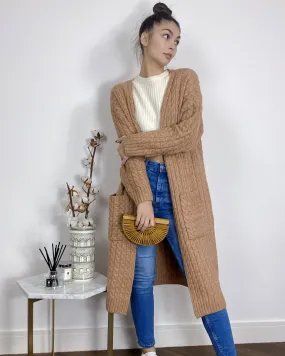 Cable knit design wool-blended long oversized cardigan in Beige