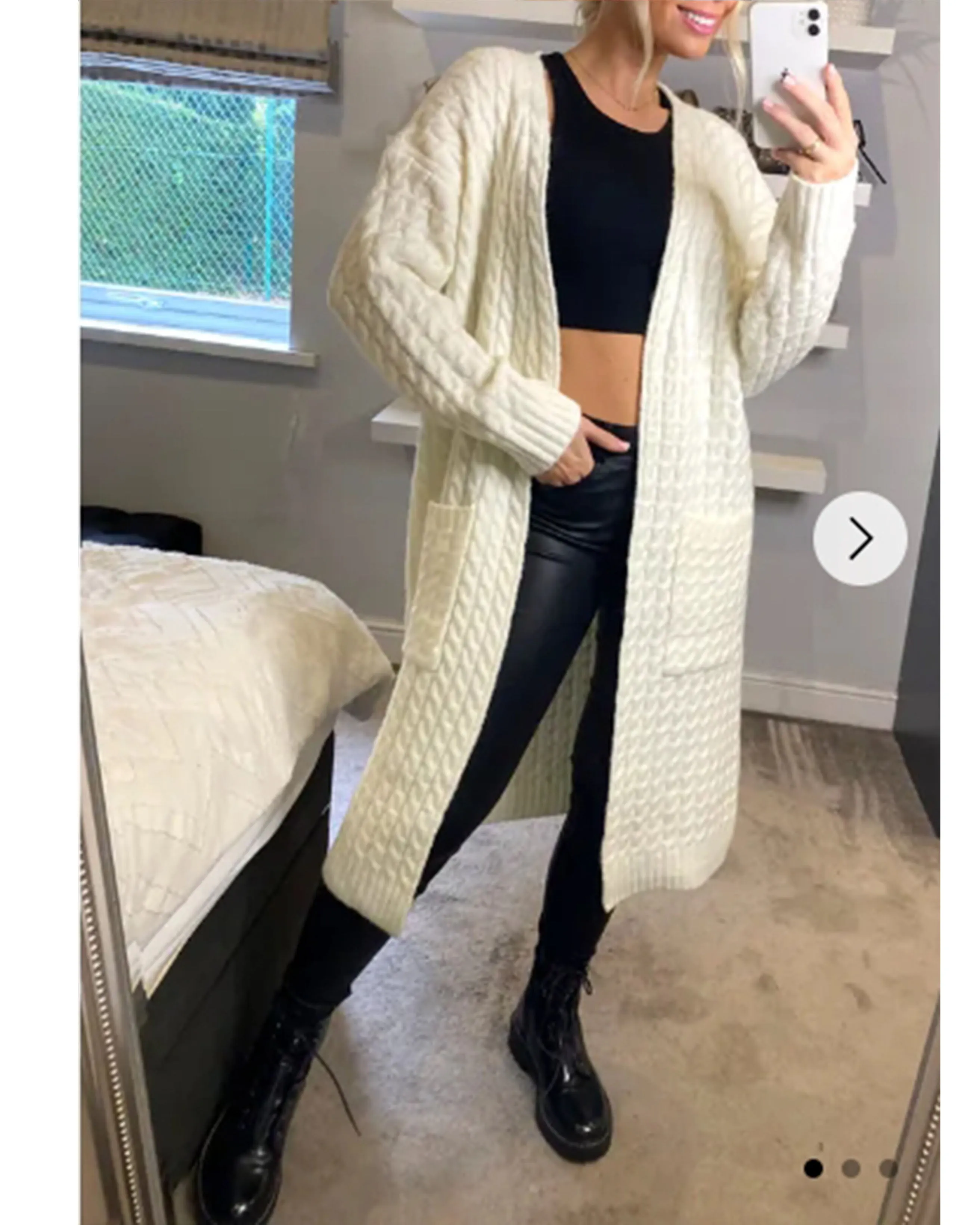 Cable knit design wool-blended long oversized cardigan in White