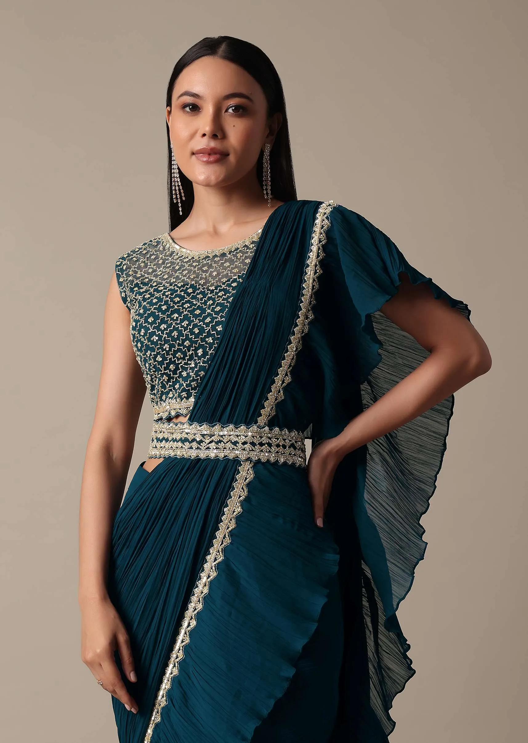 Chic Blue Ready Pleated Saree With Ready Made Blouse
