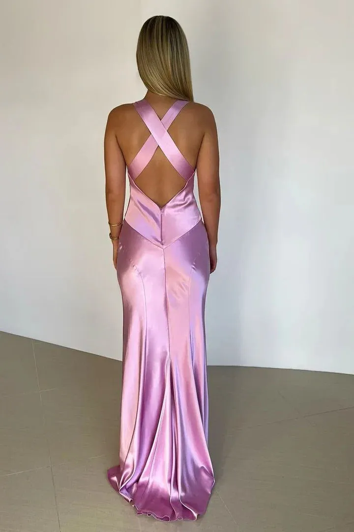 Chic Cross Straps V-Neck Pleated Sleeveless Satin Long Prom Dress with Slit