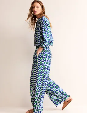 Crinkle Wide Trousers-Green Tambourine, Geometric