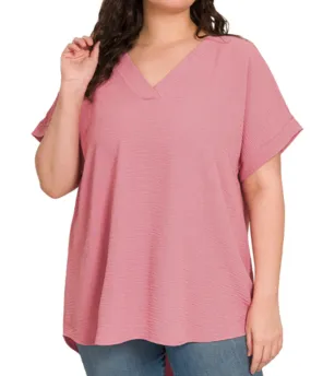 Curvy Summer Rose V-Neck Woven Short Sleeve Top