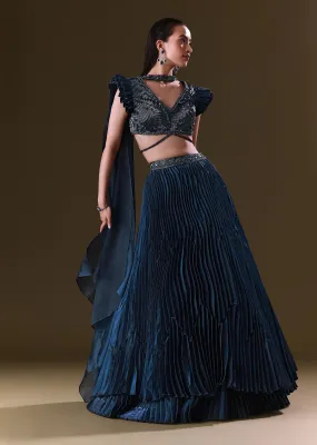 Deep Navy Blue Double Layered Lehenga With Choker Dupatta
