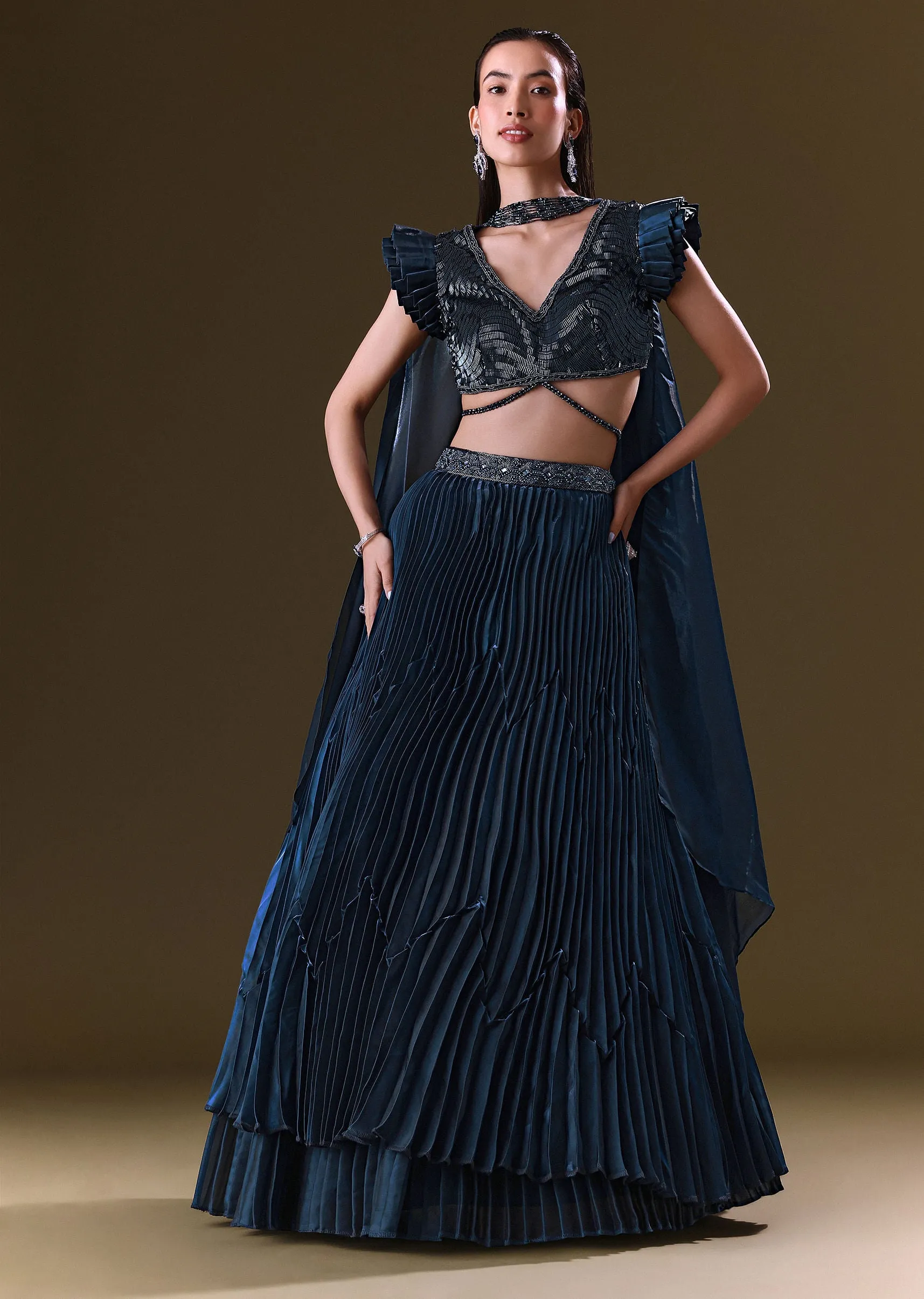 Deep Navy Blue Double Layered Lehenga With Choker Dupatta