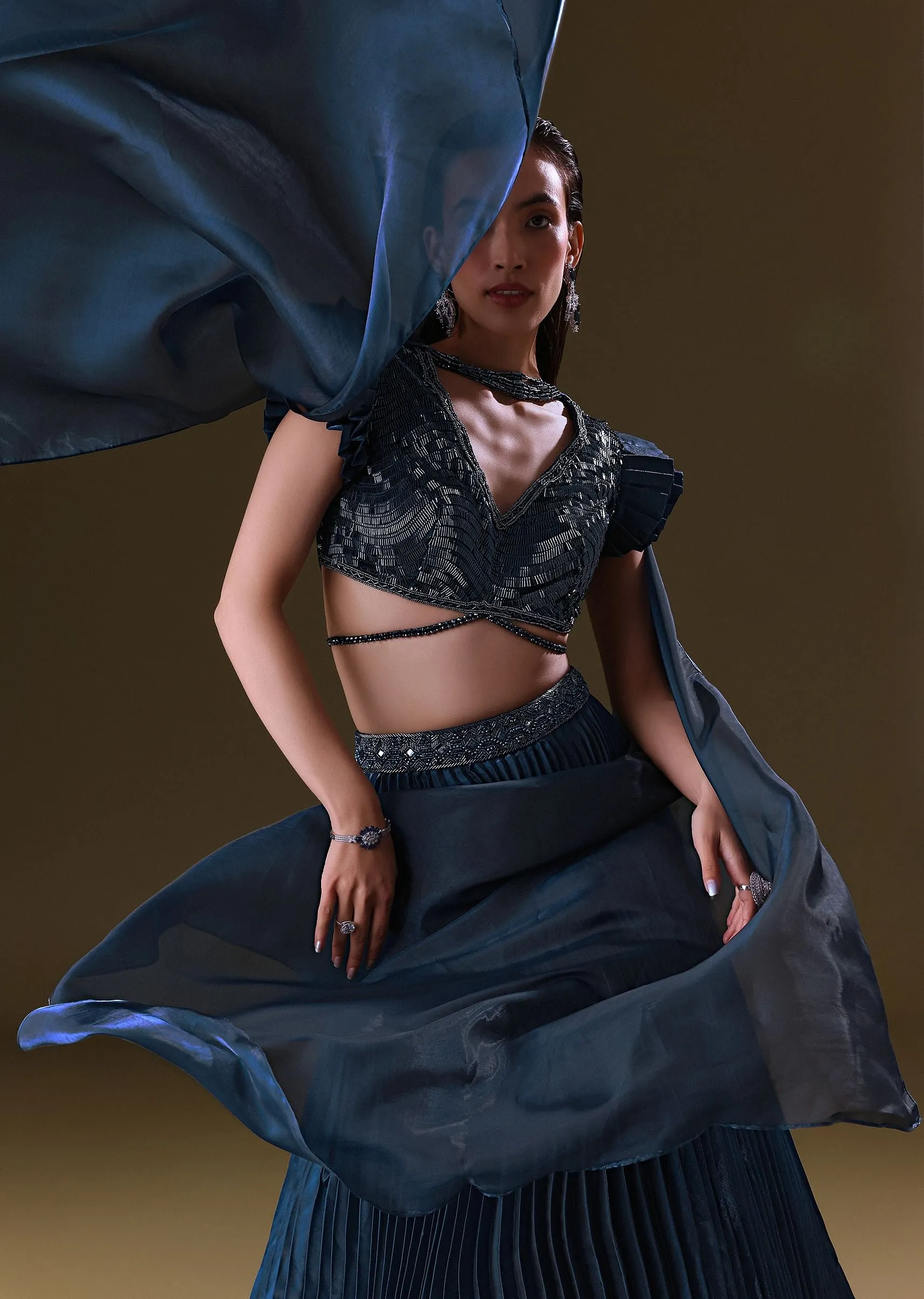 Deep Navy Blue Double Layered Lehenga With Choker Dupatta
