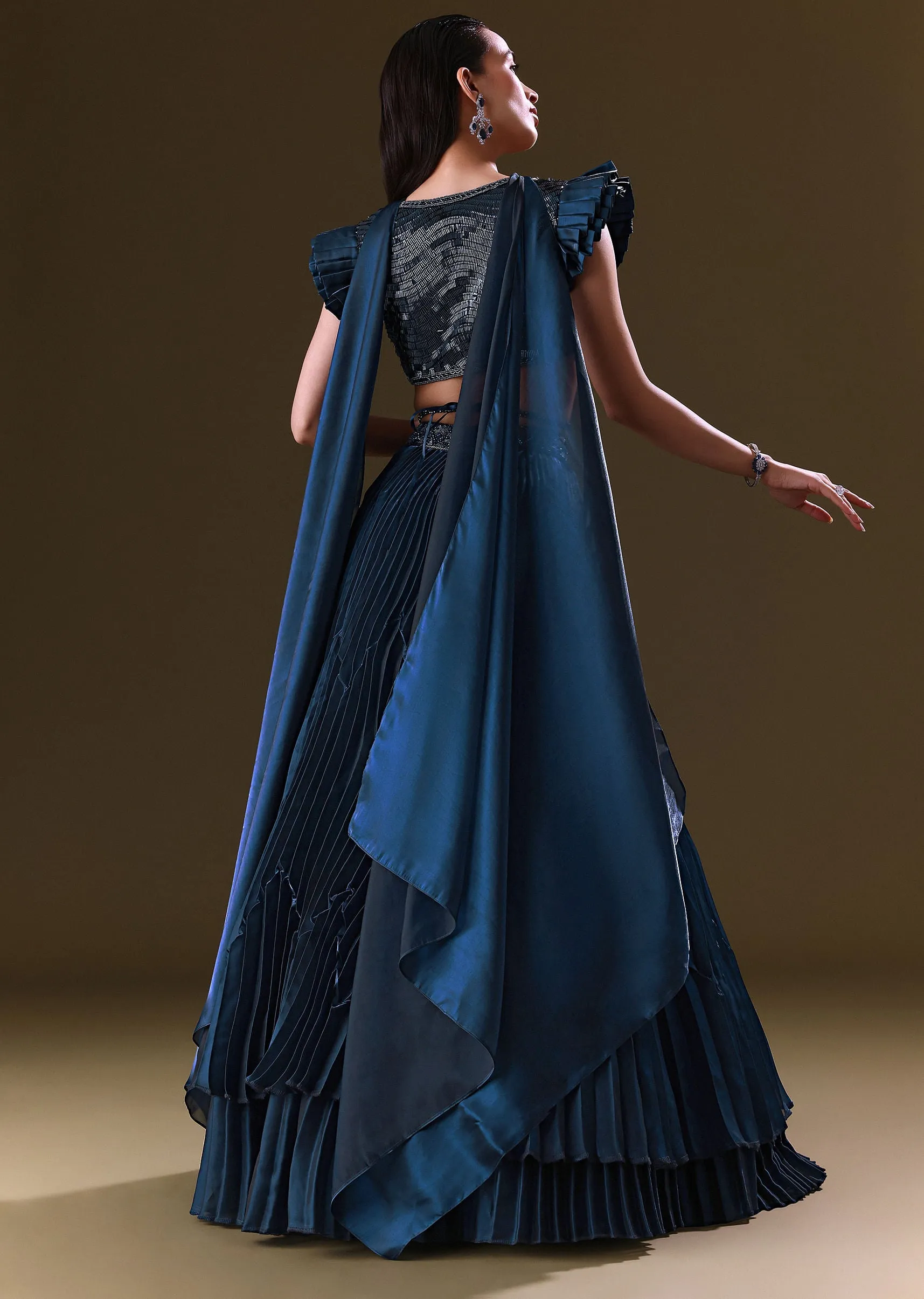 Deep Navy Blue Double Layered Lehenga With Choker Dupatta