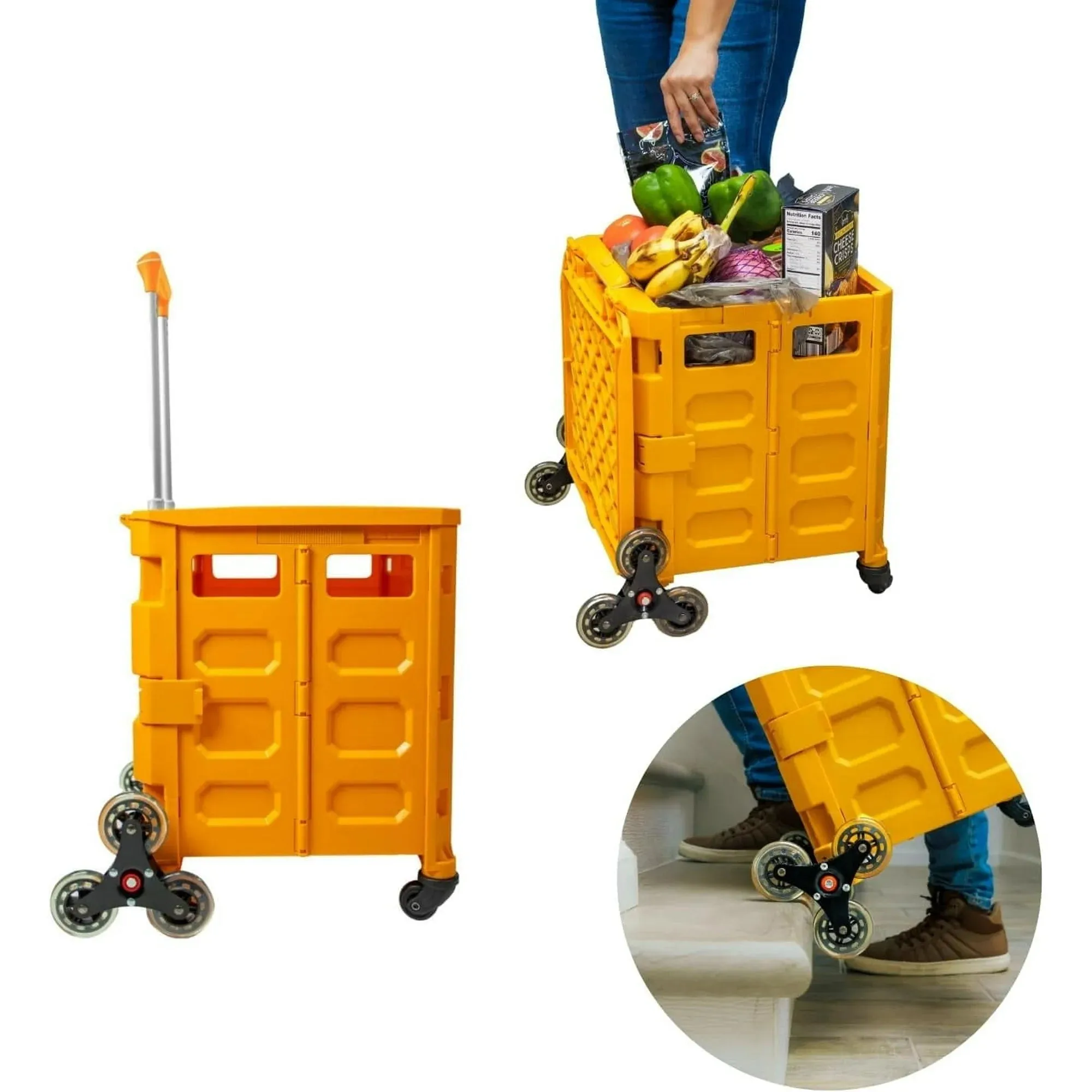 Foldable Rolling Carts with Wheels, Heavy Duty 4 Wheeled Stair Climber Rolling Utility Collapsible Trolley Pull Cart with Handle for Parents, Students, Teachers - Foldable Crate.