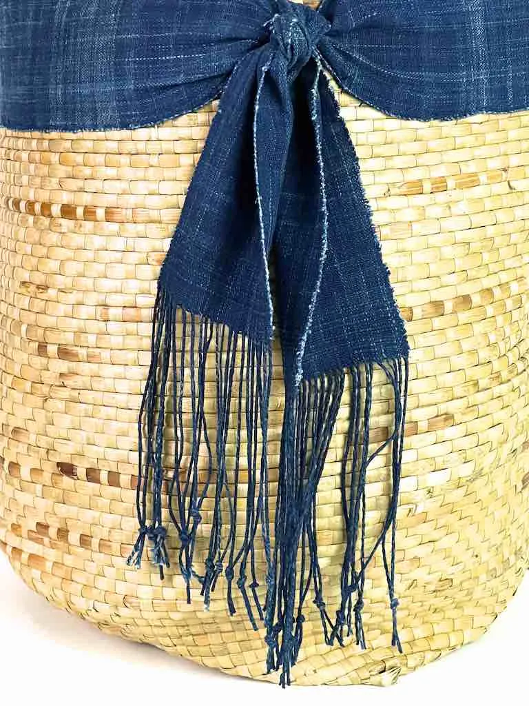 Large Deep Flexible Swampgrass Basket, Indigo Rim - Benin
