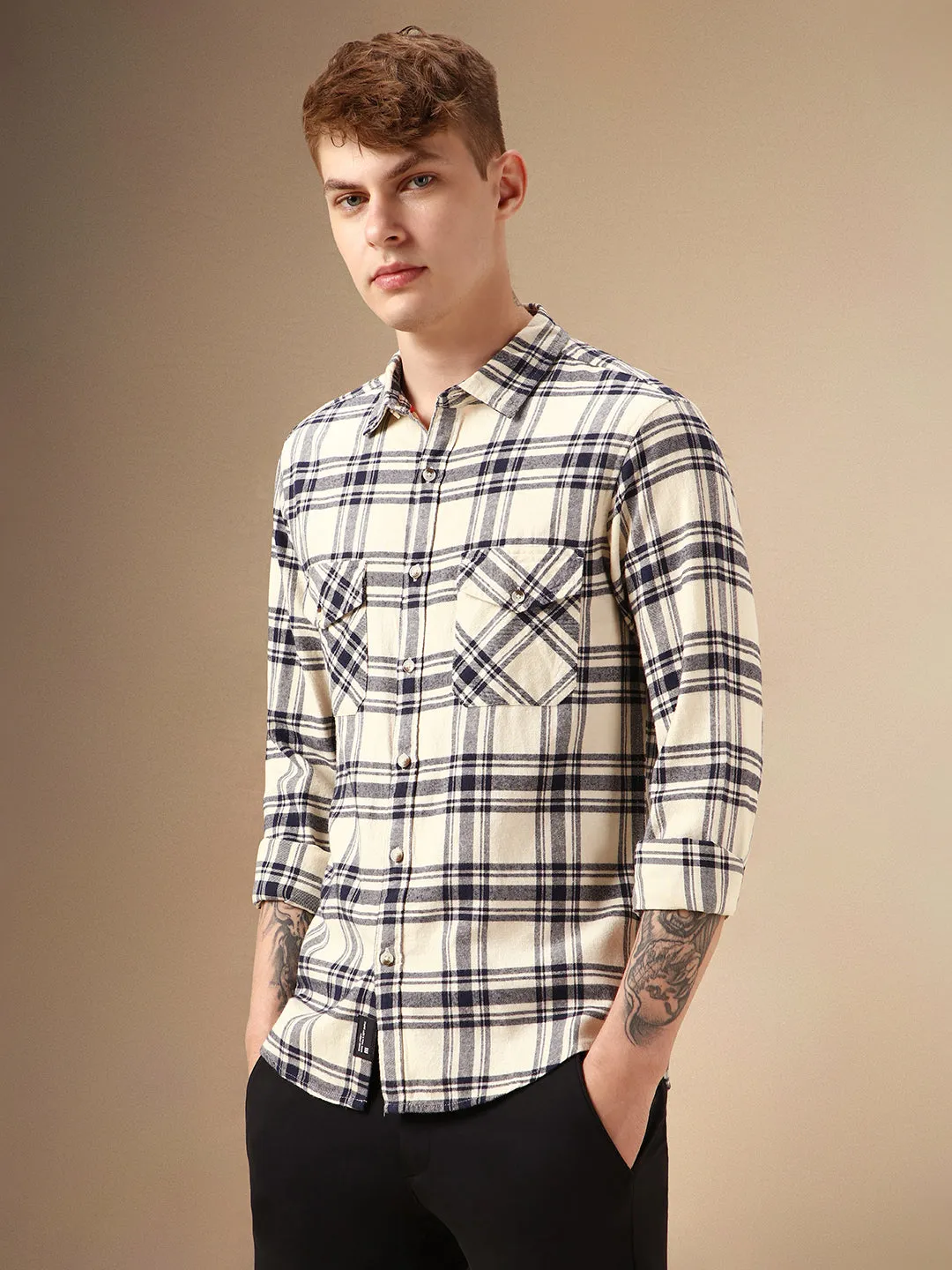 Men's Beige Checks Spread Collar Full Sleeve Relaxed Fit Shirt