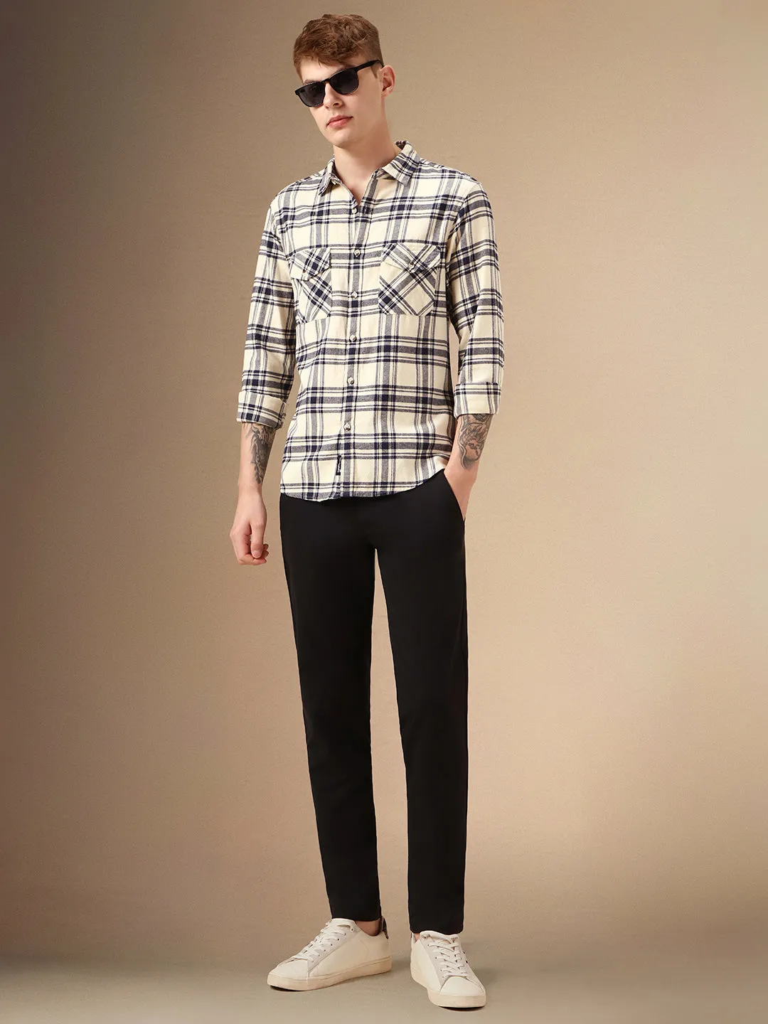 Men's Beige Checks Spread Collar Full Sleeve Relaxed Fit Shirt