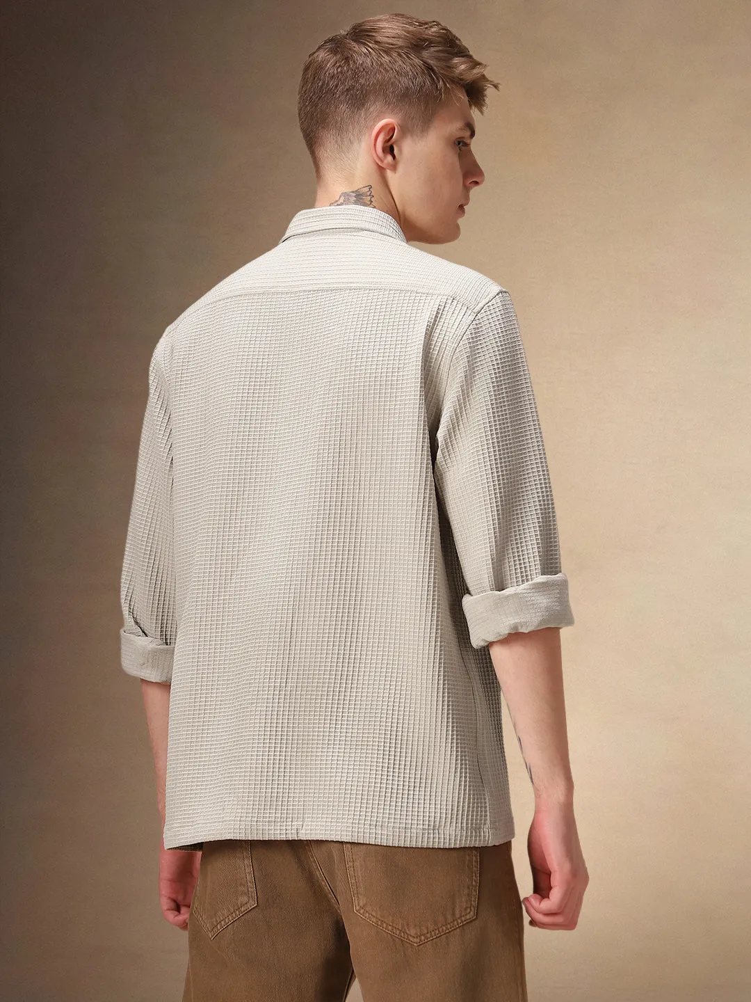 Men's Beige Solid Textured Spread Collar Full Sleeves Casual Shirt