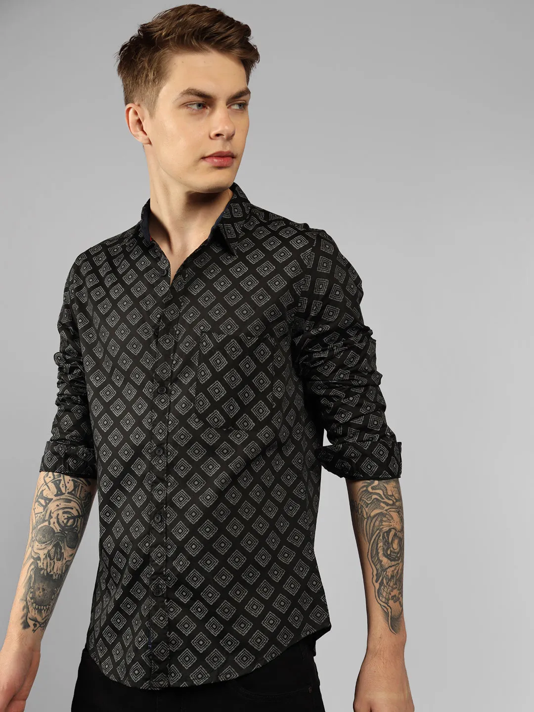 Men's Black Printed Spread Collar Full sleeve Regular Fit Shirt