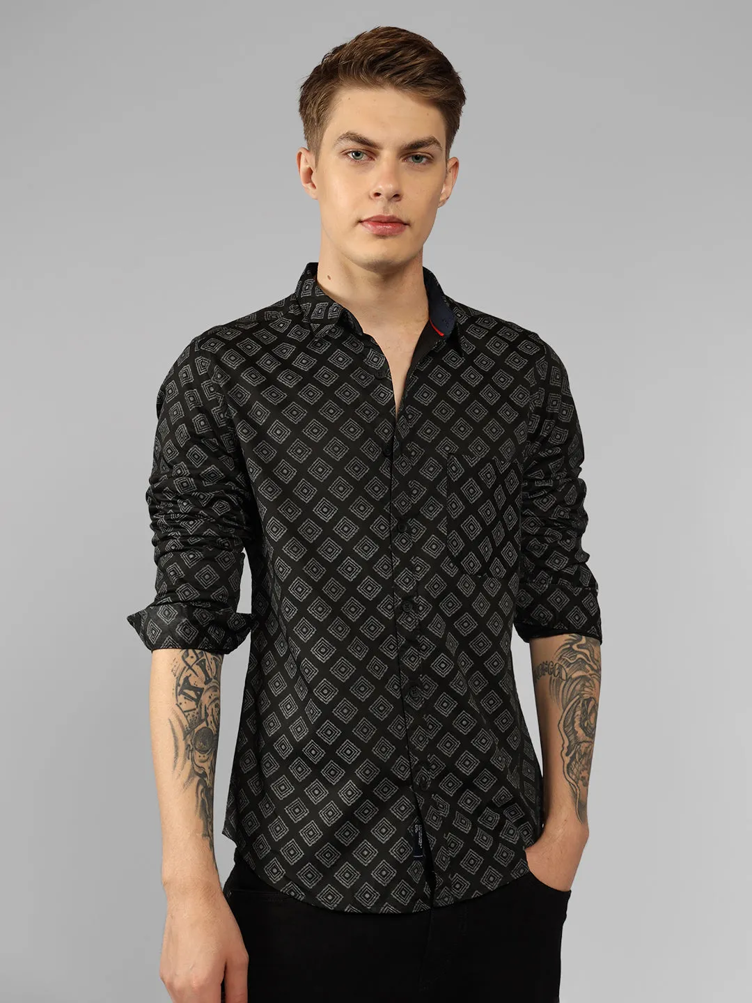 Men's Black Printed Spread Collar Full sleeve Regular Fit Shirt
