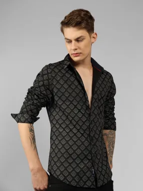 Men's Black Printed Spread Collar Full sleeve Regular Fit Shirt