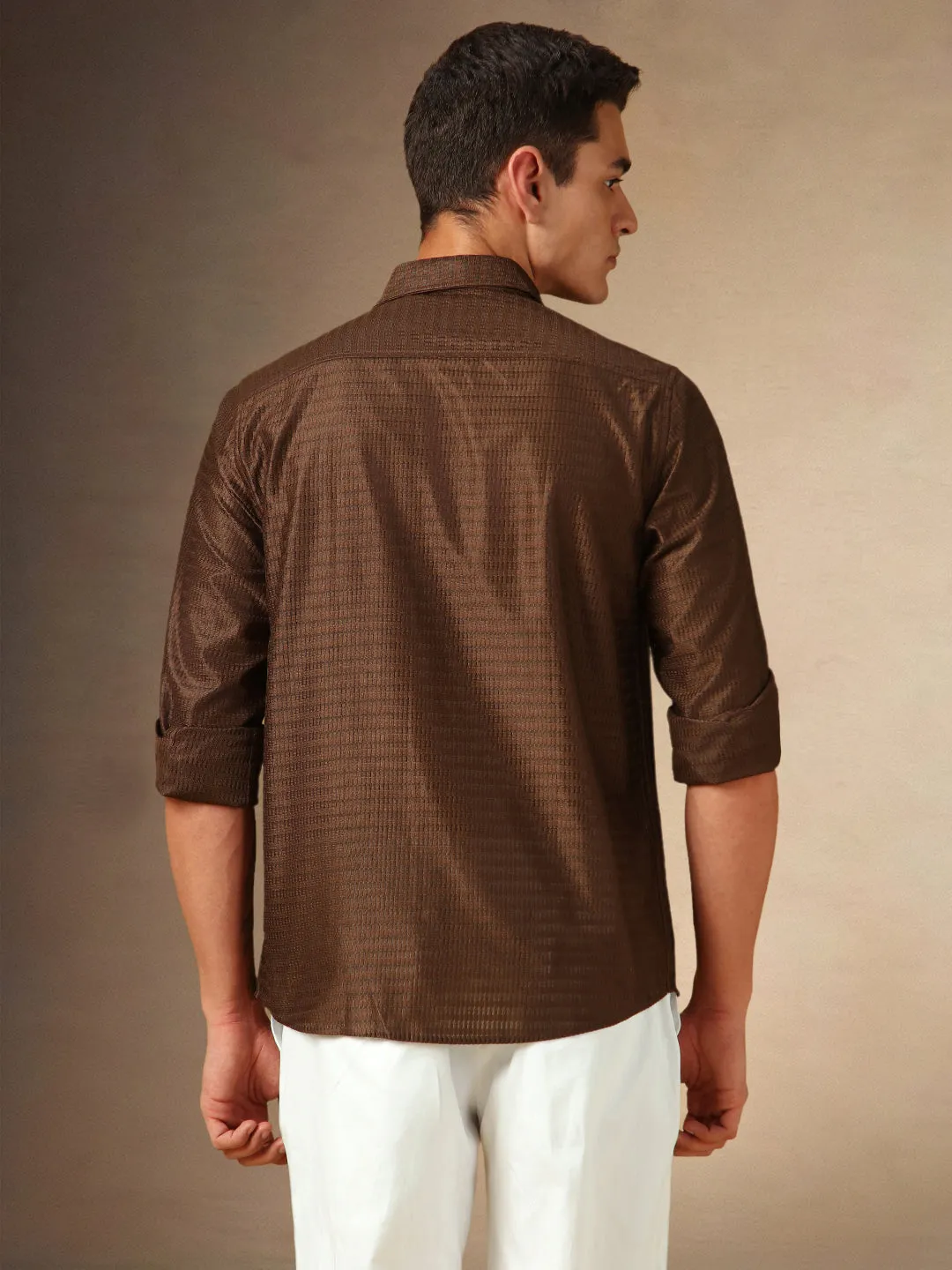 Men's Brown Textured Spread Collar Full Sleeves Casual Shirt