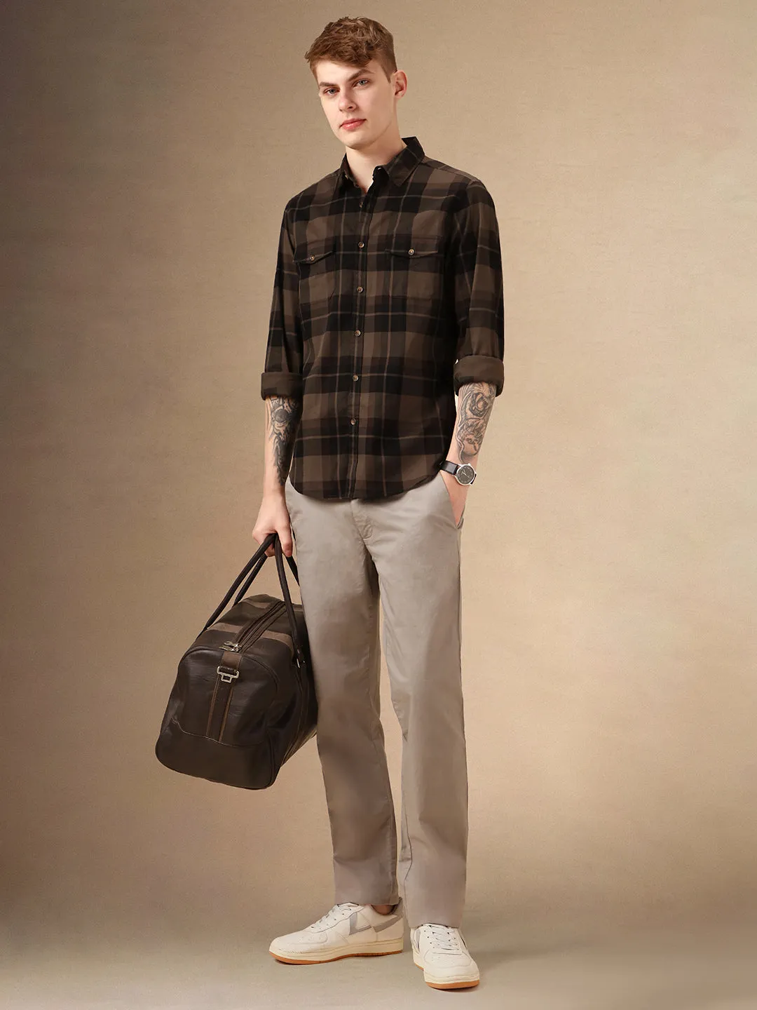 Men's Charcoal Checks Spread Collar Full Sleeves 100% Cotton Casual Shirt