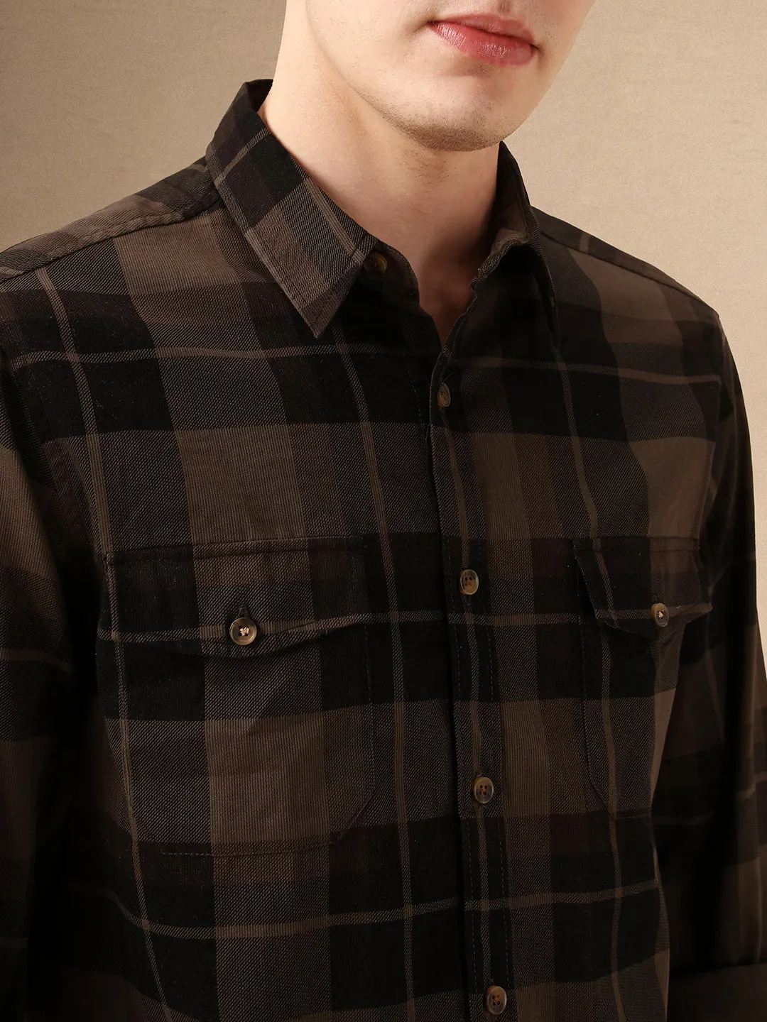 Men's Charcoal Checks Spread Collar Full Sleeves 100% Cotton Casual Shirt