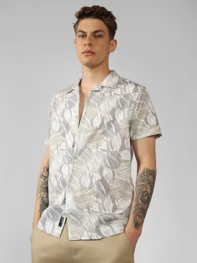 Men's Khaki Printed Cuban Collar Half Sleeve Relaxed Fit Shirt