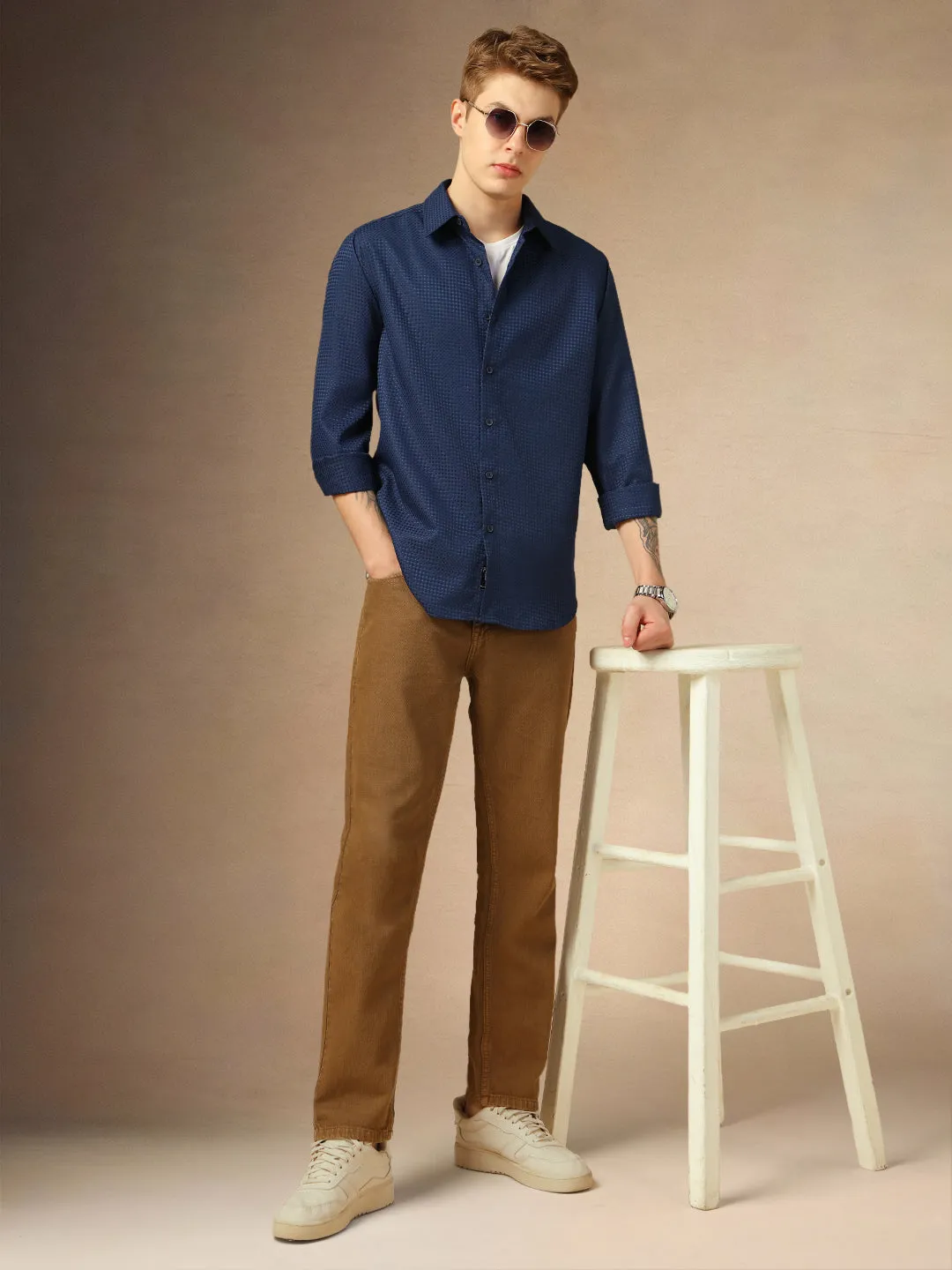 Men's Navy Textured Spread Collar Full Sleeves Casual Shirt