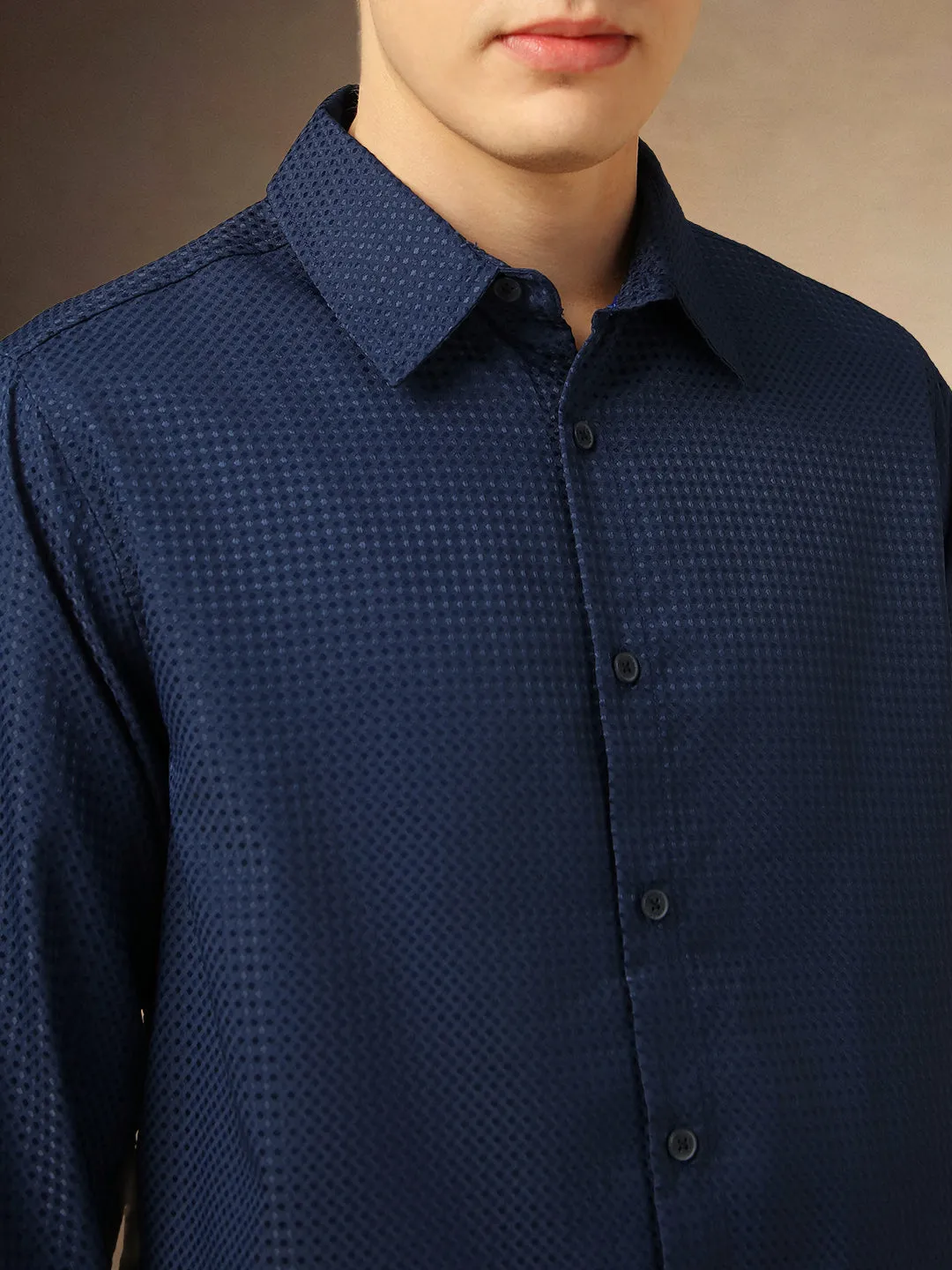 Men's Navy Textured Spread Collar Full Sleeves Casual Shirt