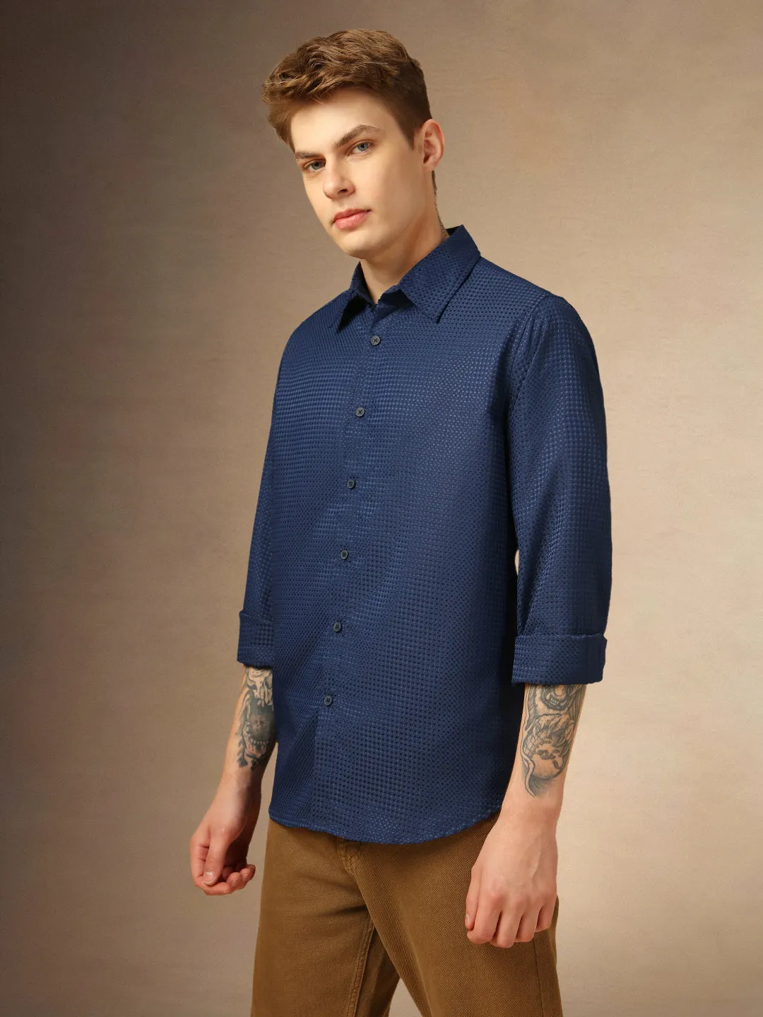 Men's Navy Textured Spread Collar Full Sleeves Casual Shirt