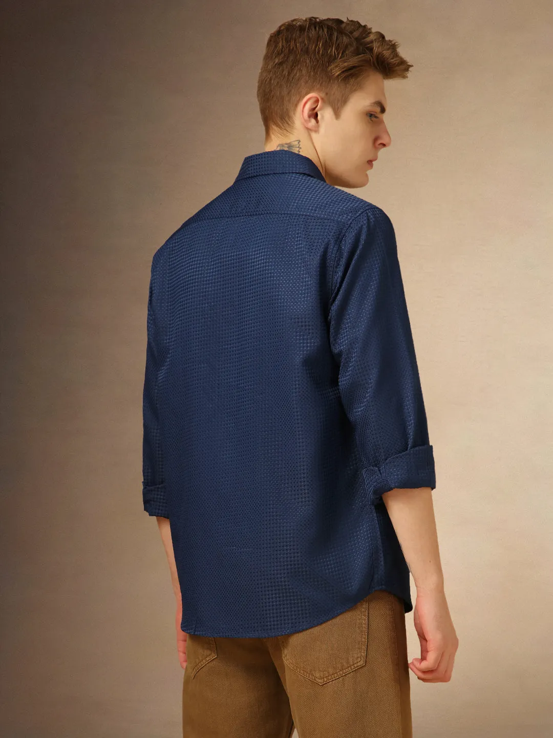 Men's Navy Textured Spread Collar Full Sleeves Casual Shirt