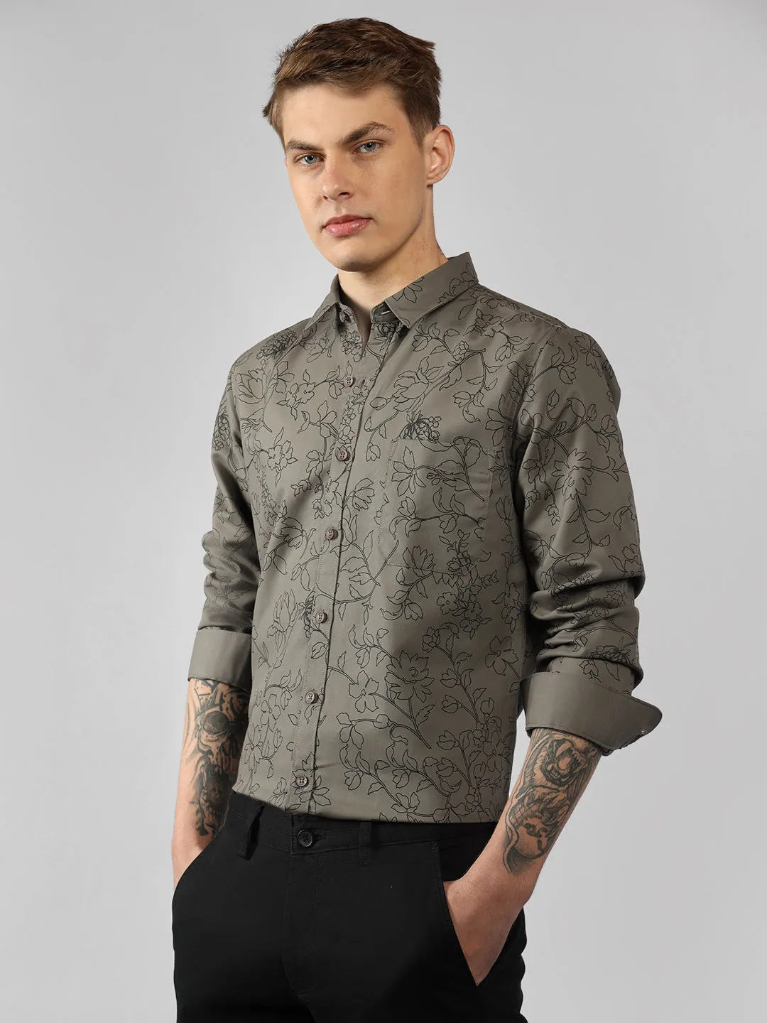 Men's Olive Printed Spread Collar Full Sleeve Regular Fit Shirt