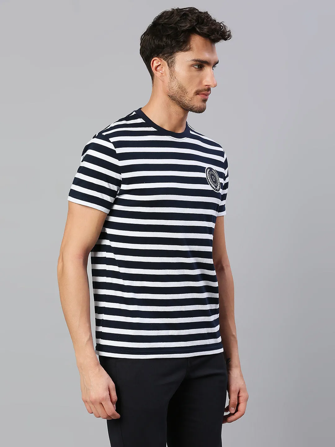 Men's Pure Cotton Striped Half Sleeves Casual T-Shirt (Navy)