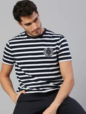 Men's Pure Cotton Striped Half Sleeves Casual T-Shirt (Navy)