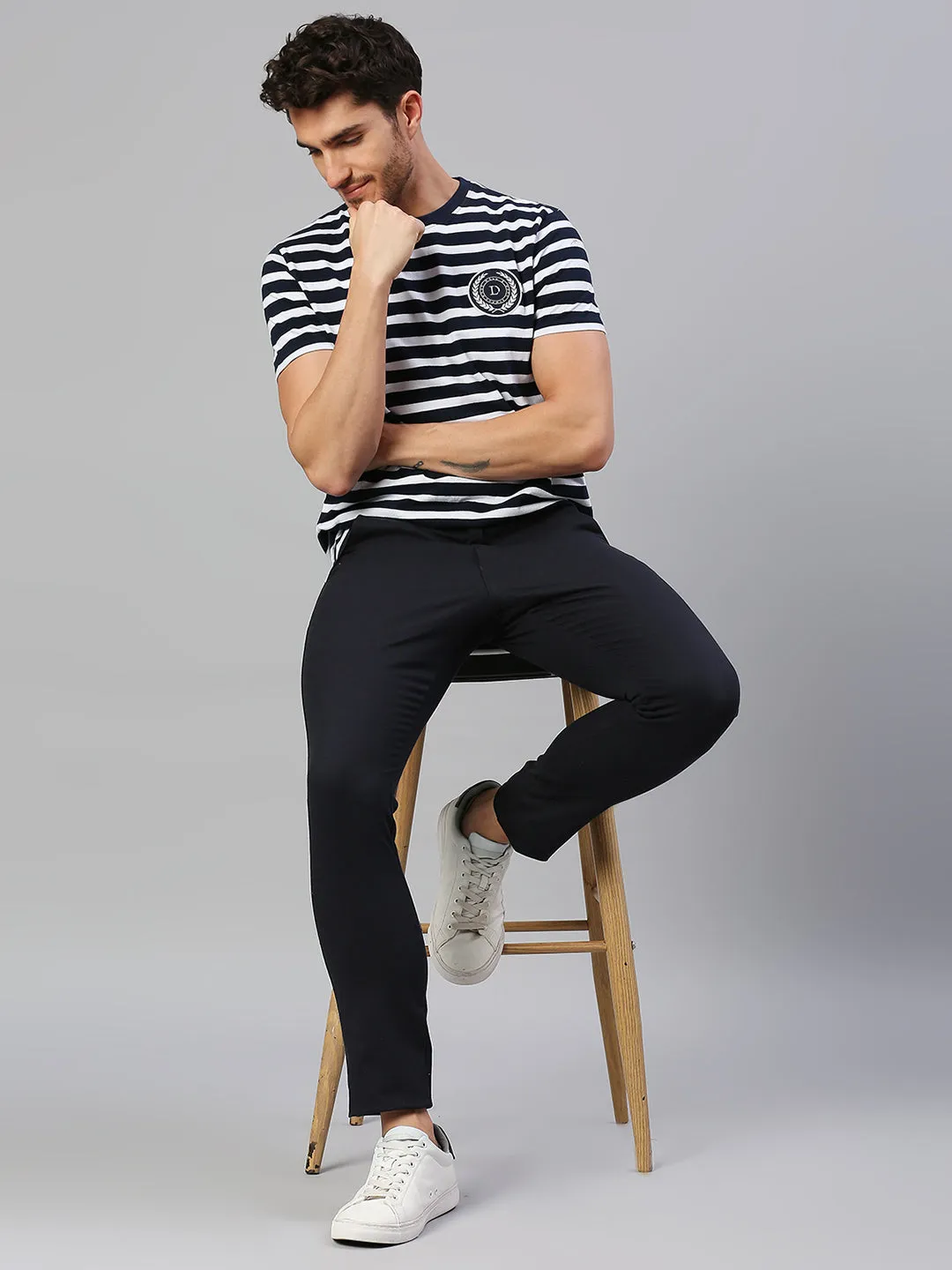 Men's Pure Cotton Striped Half Sleeves Casual T-Shirt (Navy)