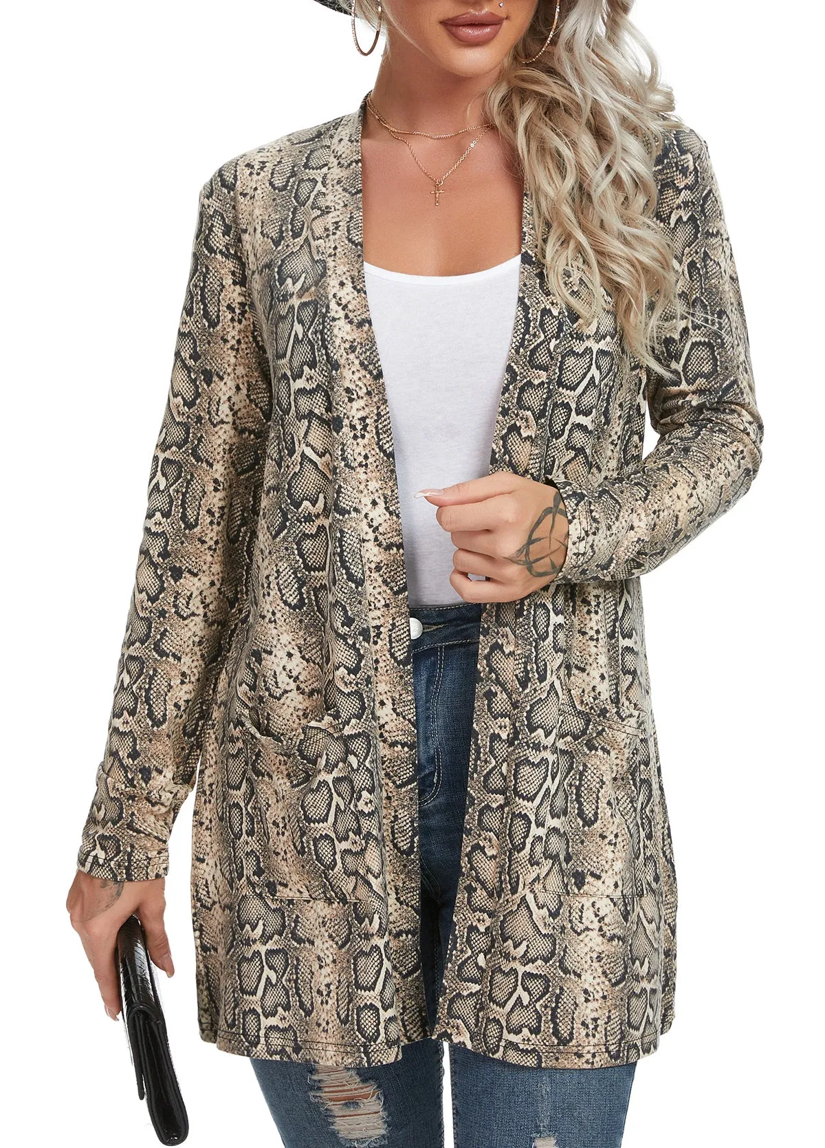OLRIK Women's Casual Leopard Printed Cardigans Long Sleeve Cover Up with Pockets
