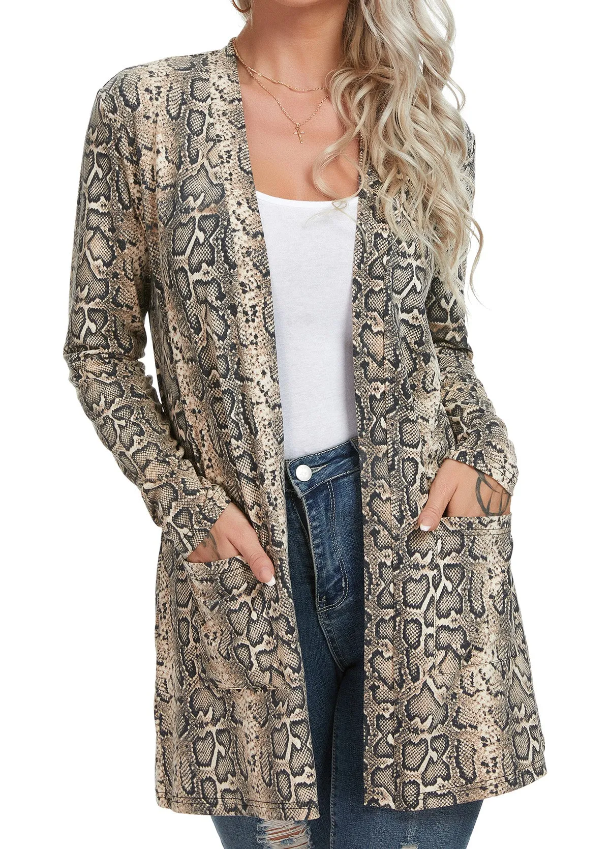 OLRIK Women's Casual Leopard Printed Cardigans Long Sleeve Cover Up with Pockets