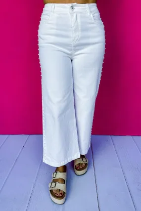 Pearl Accented Cropped Wide Leg Jean in White