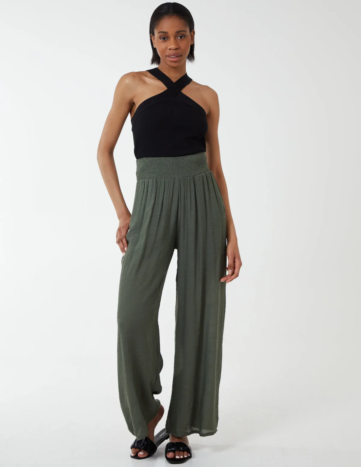 Shirring Waist Wide Leg Trousers