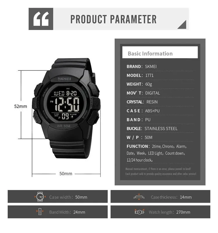 SKMEI 1771 Dual Time Sport Watch Water Resistant & Chronograph, Full Black