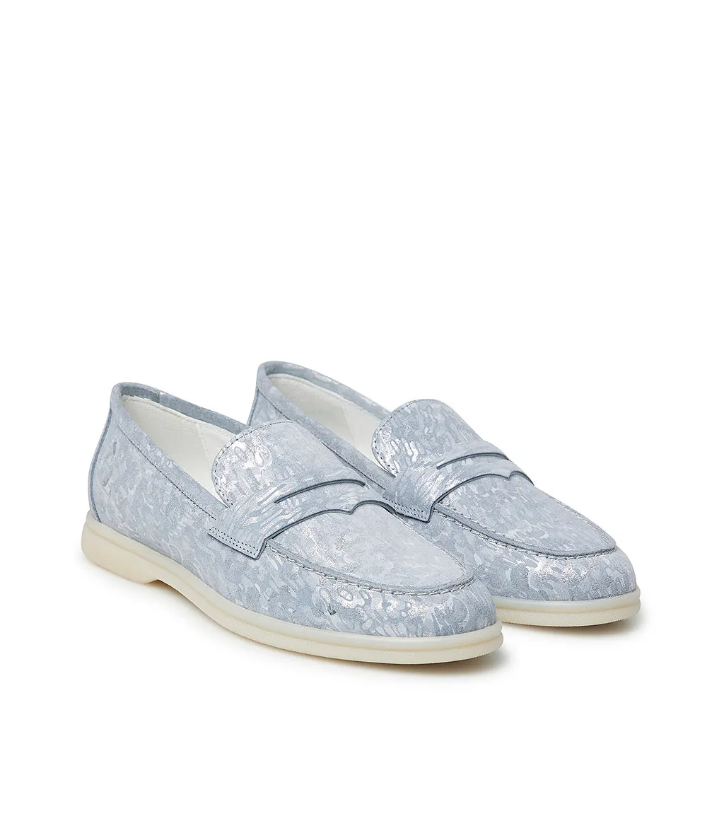 Wisteria and silver embossed suede loafers